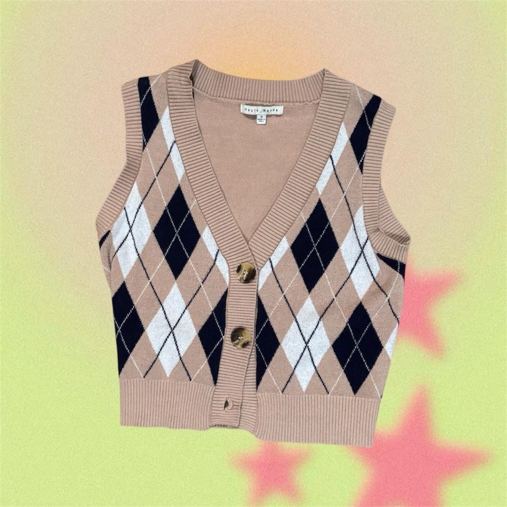 Tan Argyle Knit Vest with Buttons
